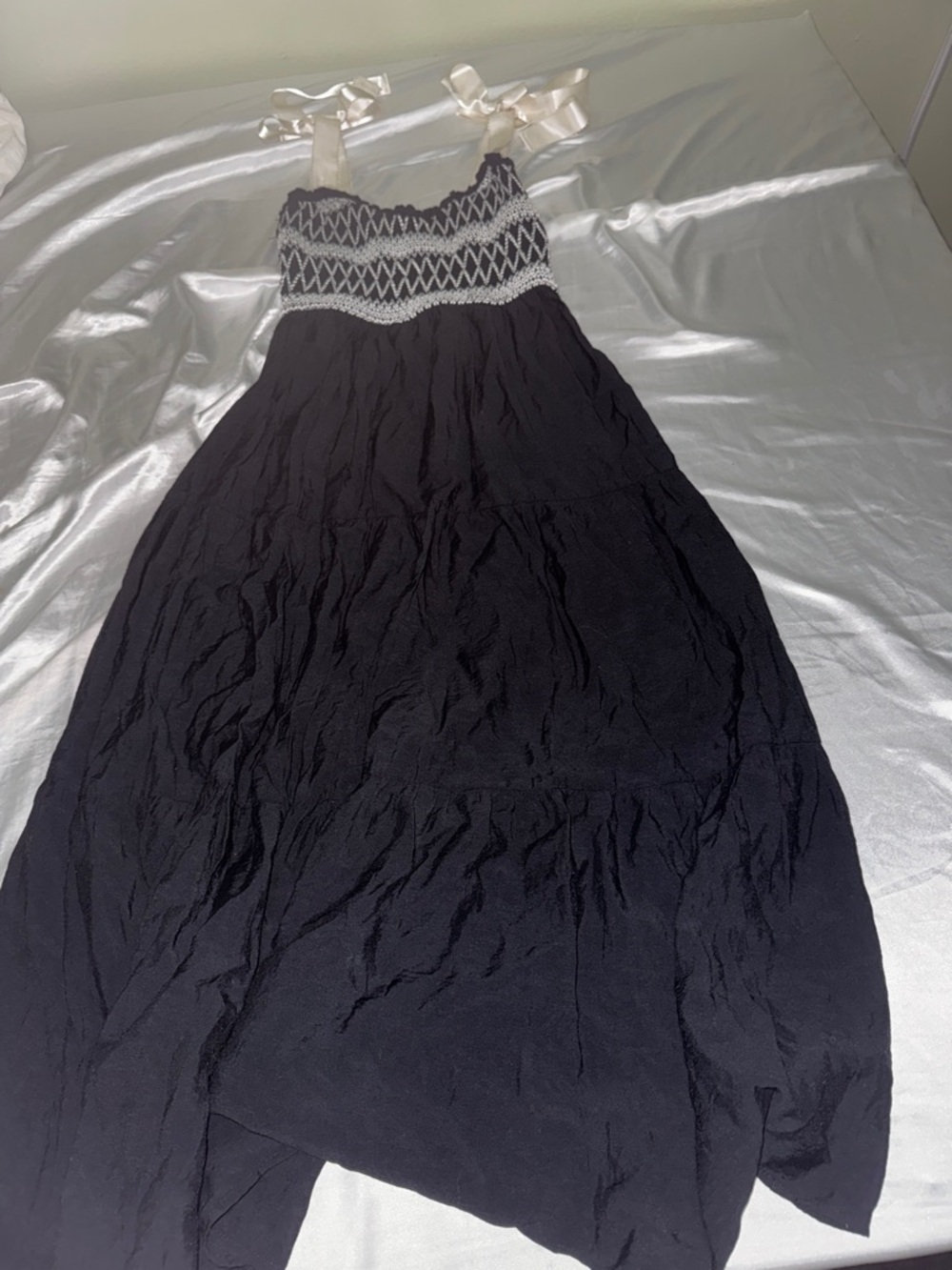 Blu Pepper Black Maxi Dress with Cream Straps and White Smocked Bodice